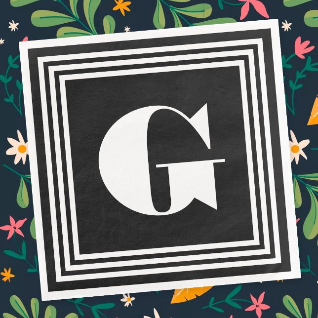 Guardanapo De Papel De Jantar Monograma de 3 Quadros Negrito | Preto e branco (Criador carregado)