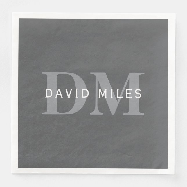 Guardanapo De Papel De Jantar Monograma e Nome Cinza Escuro Moderno e Elegante (Frente)