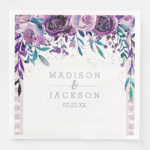 Guardanapo De Papel De Jantar Monograma roxo chique do casamento floral & de