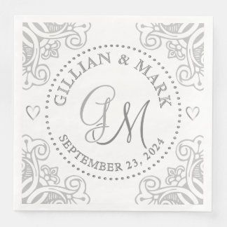 Guardanapo De Papel De Jantar Monogrammed Silver Wedding Napkins Heart Border