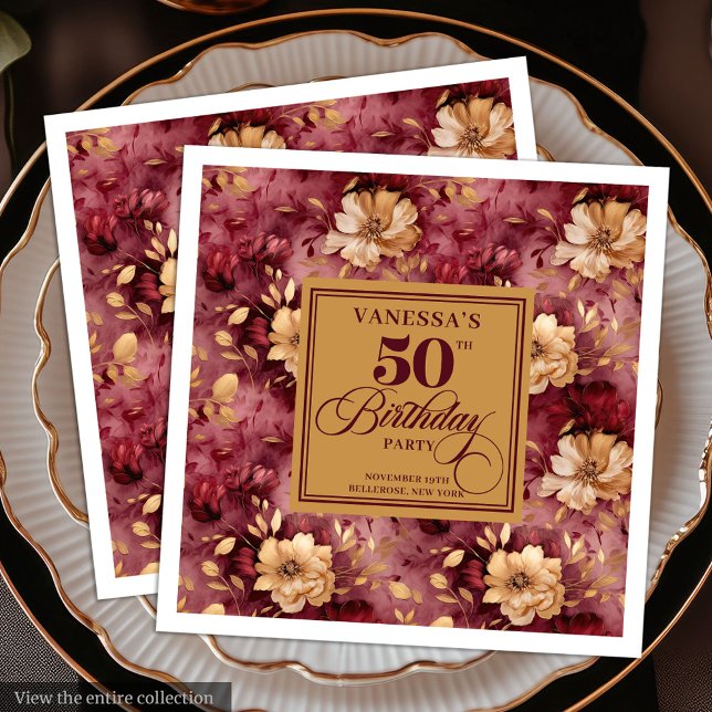 Guardanapo De Papel De Jantar Na moda Merlot Blush Dourado Floral 50º Aniversári (Stylish Merlot Blush Gold Floral 50th Birthday Paper Dinner Napkins)
