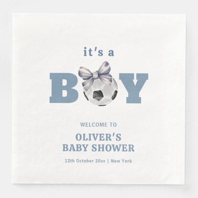Guardanapo De Papel De Jantar Navy Blue Cute Bow Soccer Boy Baby Shower Welcome (Frente)