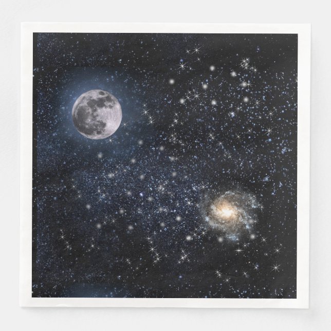 Guardanapo De Papel De Jantar Noite de Lua Cheia Estrelas no Céu Espaço Sideral (Frente)