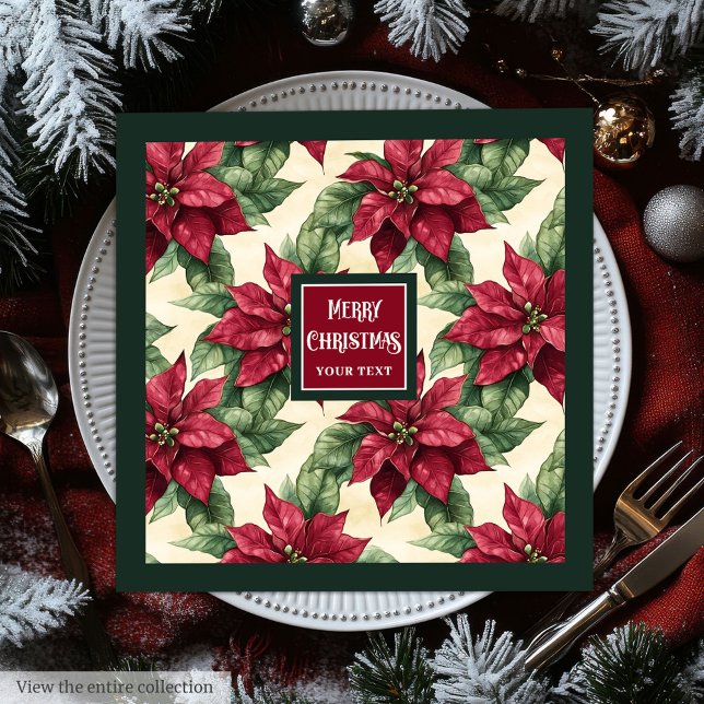 Guardanapo De Papel De Jantar Nome da família personalizada Poinsettia de Natal (Personalized family name Christmas poinsettia Paper Dinner Napkins)