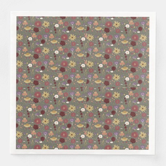 Guardanapo De Papel De Jantar O fundo verde da Embriação Floral do outono (Frente)