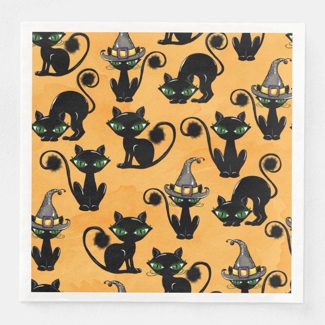 GUARDANAPO DE PAPEL DE JANTAR ORANGE WITH CUTE HALLOWEEN CATS WITH GREEN EYES (Frente)