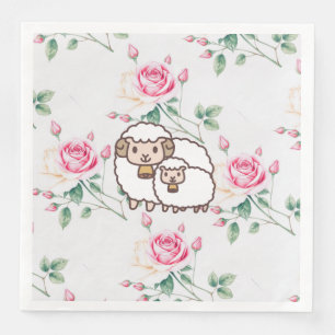 Guardanapo De Papel De Jantar Ovelha branca com cordeiro bebê e flores de rosa