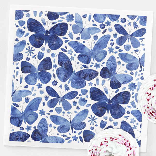 Guardanapo De Papel De Jantar Padrão Branco e Azul de Aquarela da Borboleta (Blue and white butterfly pattern party paper napkins)