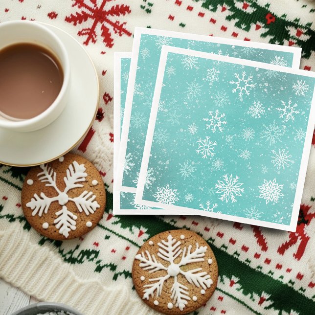 Guardanapo De Papel De Jantar Padrão de Flocos de Neve Azul Verde Inverno Suave  (Criador carregado)