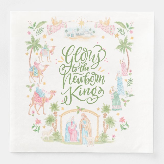 Guardanapo De Papel De Jantar Pastel Nativity | Glory to the Newborn King (Frente)