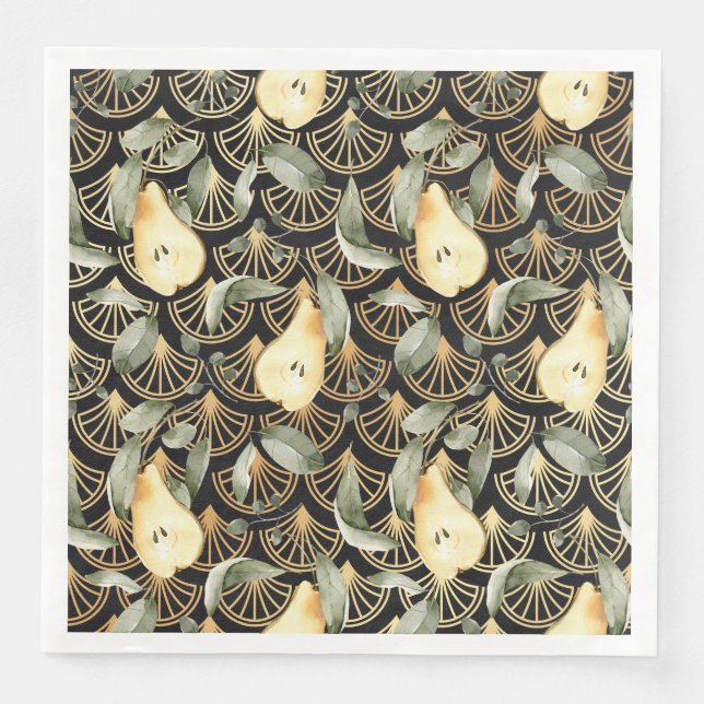 Guardanapo De Papel De Jantar Peras de Aquarela e Padrão de Escala Dourada (Frente)