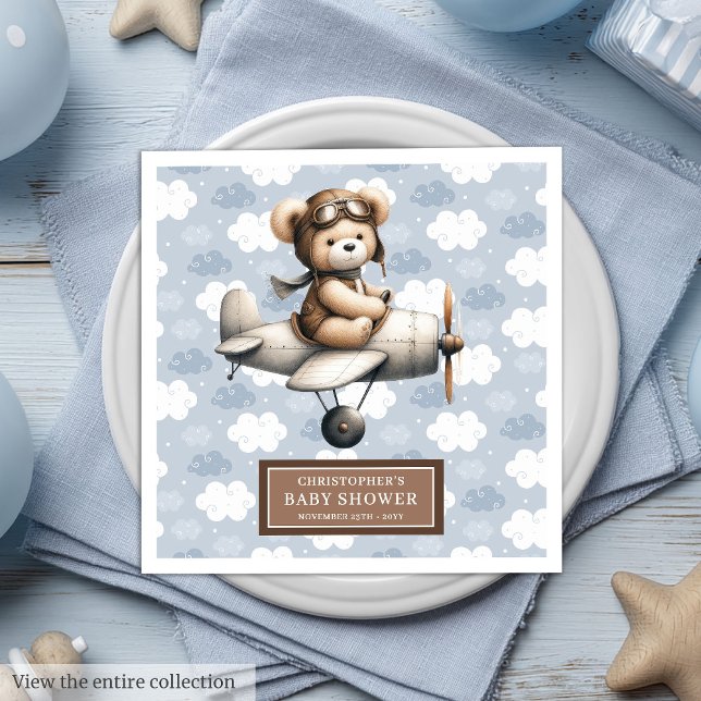 Guardanapo De Papel De Jantar Piloto de Urso de Teddy Personalizado Chá para Rap (Custom Teddy Bear Pilot Napkins for Baby Boy Shower)