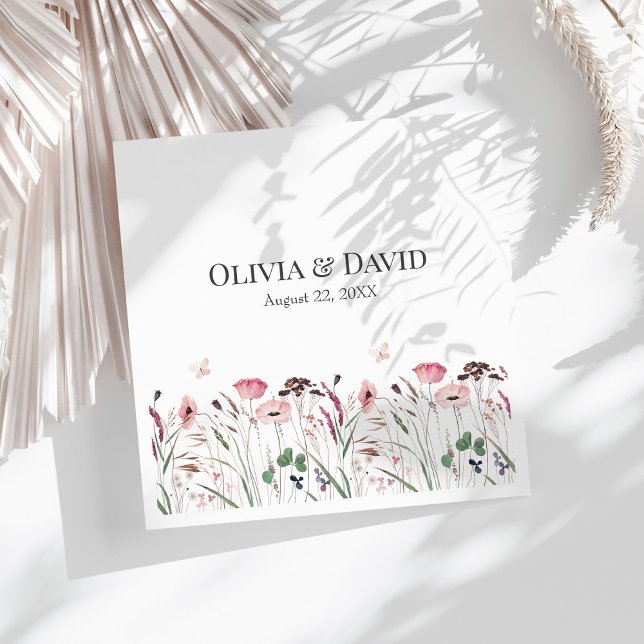 Guardanapo De Papel De Jantar Pink Poppy Meadow Wedkins (Pink Poppy Meadow Wedding Napkins on a sunny white table.)