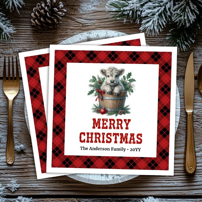 Guardanapo De Papel De Jantar Playful highland cow red black tartan napkins (Playful highland cow red black tartan napkin)