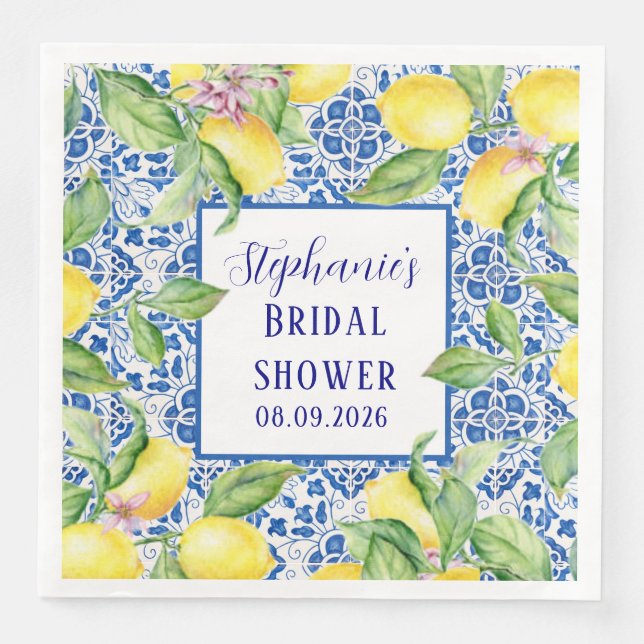 Guardanapo De Papel De Jantar Portuguese Tiles Lemon Mediterranean Bridal shower (Frente)