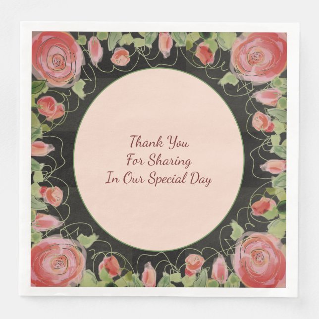 Guardanapo De Papel De Jantar Preto com Floral Rosa (Frente)