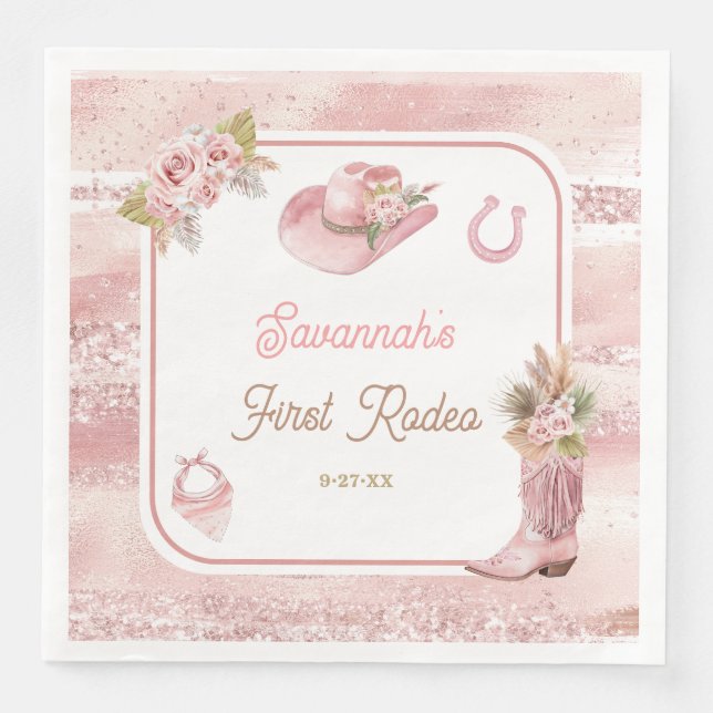 Guardanapo De Papel De Jantar Primeiro aniversario Rosa Boho Primeiro Rodeio (Frente)