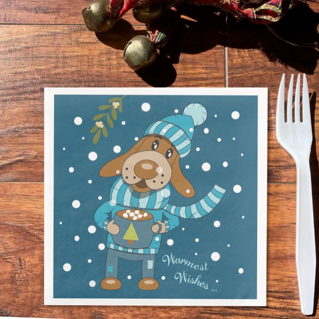 Guardanapo De Papel De Jantar Pup de Natal Papel Azul Bonito Nápoles (Holiday blue napkins with an adorable dog drinking hot cocoa . )