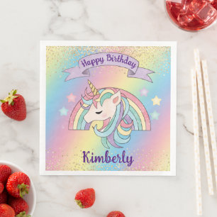 Guardanapo De Papel De Jantar Rainbow & Unicorn Dourado Glitter Birthday