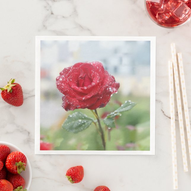Guardanapo De Papel De Jantar Rosa em gotas de chuva (Insitu)