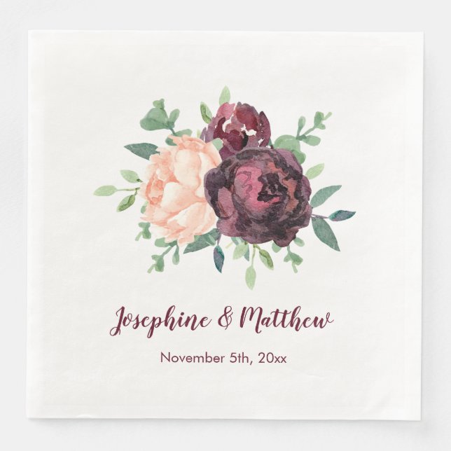 Guardanapo De Papel De Jantar Rosas Burgundy Peach Peony Buquê Casamento Napkins (Frente)