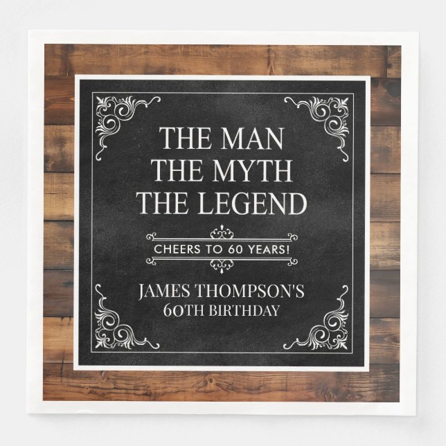 Guardanapo De Papel De Jantar Rustic Man Myth Legend 60th Birthday Black (Frente)