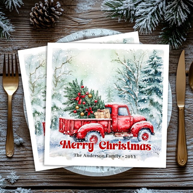 Guardanapo De Papel De Jantar Rustic red truck Christmas scene festive napkins (Rustic red truck Christmas scene festive napkins)