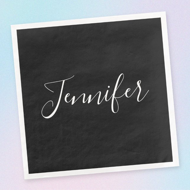 Guardanapo De Papel De Jantar Seu nome | Script branco elegante em preto (Criador carregado)