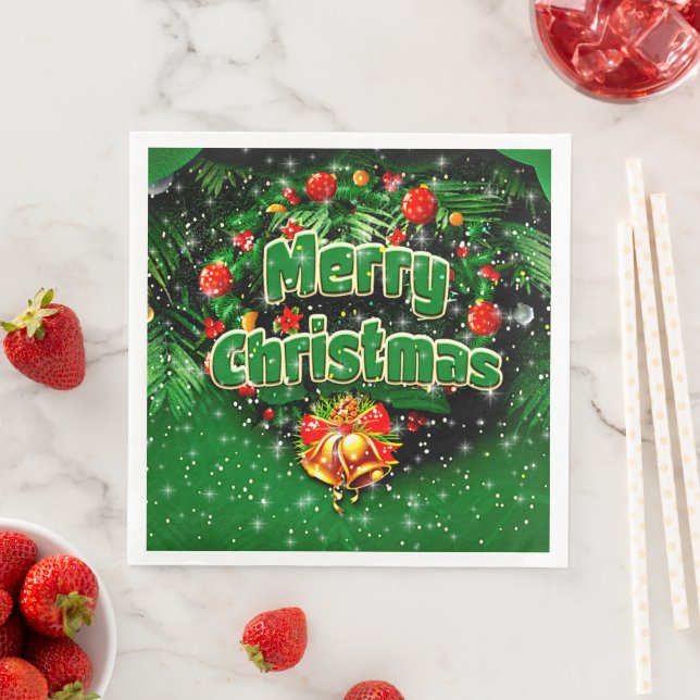 Guardanapo De Papel De Jantar Sinos Dourados de Natal Feliz Verde (Insitu)
