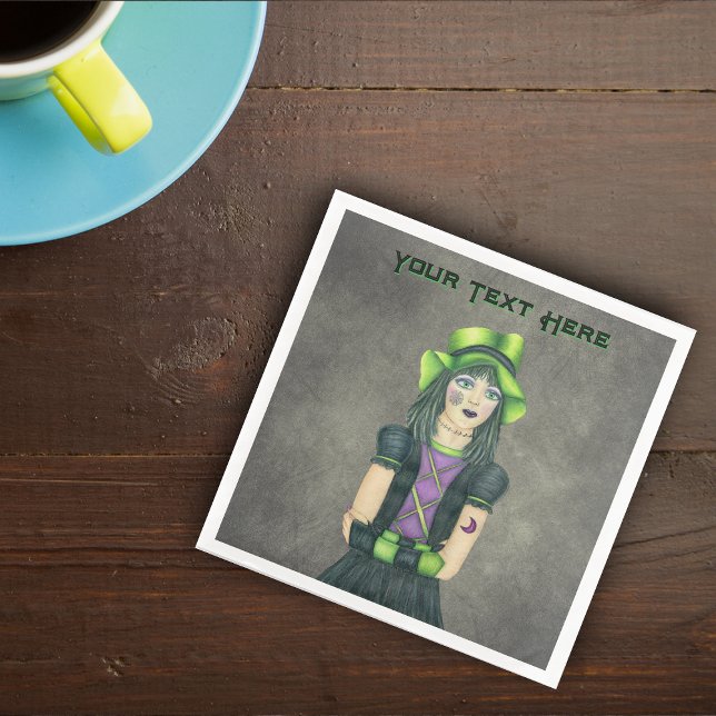 Guardanapo De Papel De Jantar Spooky Gothic Girl Spiderweb Tattoo Black Dress (Spooky goth girl green hat face arm tattoos on dark grey paper party napkins.)