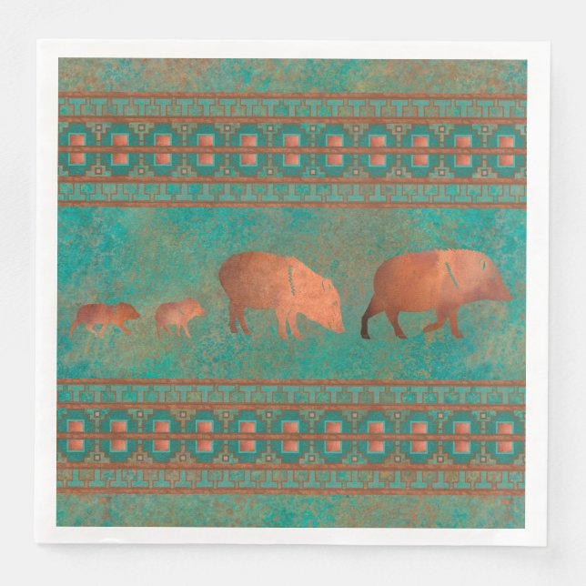 Guardanapo De Papel De Jantar Teal de Cobre da Família Javelina, Cute Sudoeste (Frente)