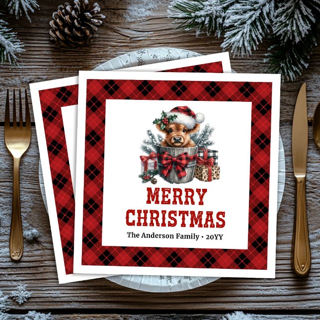 Guardanapo De Papel De Jantar Timeless highland cow Christmas napkins red black  (Timeless highland cow Christmas napkins red black plaid tag

)