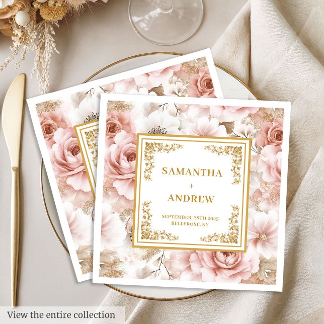 Guardanapo De Papel De Jantar Toalhas de casamento modernas boho rosa empoeirado (Modern boho dusty pink gold floral wedding napkins)