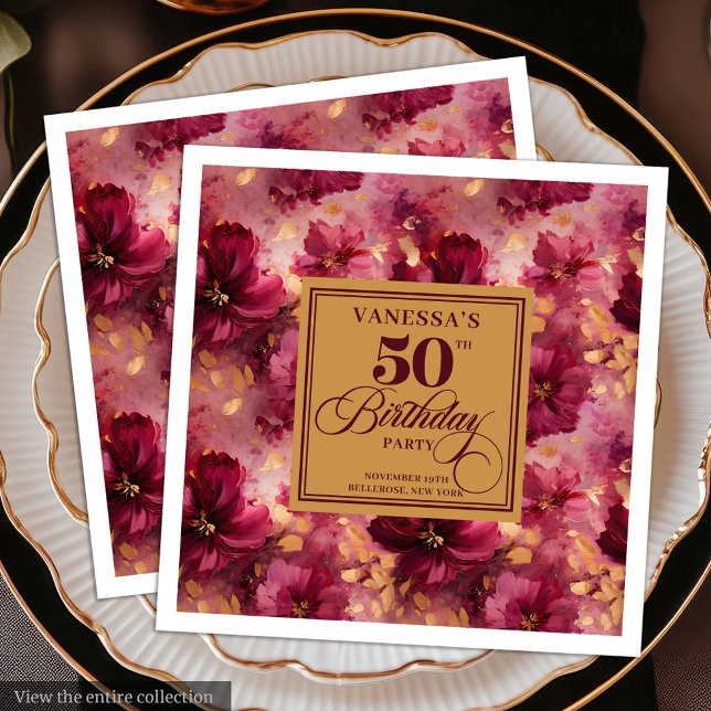 Guardanapo De Papel De Jantar Trendy Boho Dark Red Blush Dourado 50º Aniversário (Trendy Boho Dark Red Blush Gold 50th Birthday Paper Dinner Napkins )