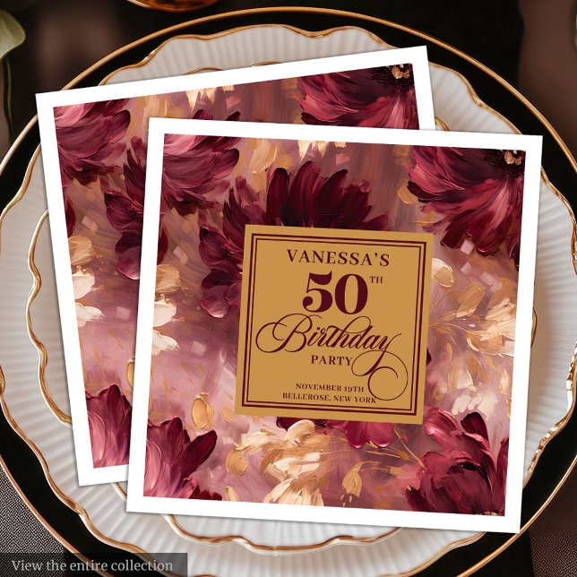Guardanapo De Papel De Jantar Trendy Boho Dark Red Blush Dourado 50º Aniversário (Trendy Boho Dark Red Blush Gold 50th Birthday Paper Dinner Napkins)
