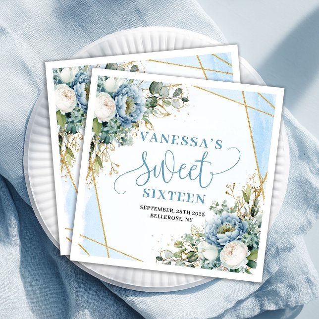 Guardanapo De Papel De Jantar Trendy Sweet 16th Dusty Blue and Gold Party Napkin (Trendy Sweet 16th Dusty Blue and Gold Party Napkins)