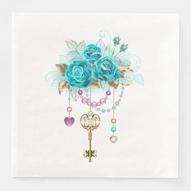 Guardanapo De Papel De Jantar Turquoise Roses with Keys (Frente)