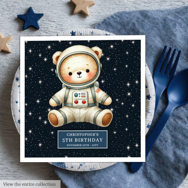 Guardanapo De Papel De Jantar Ursinho de Astronauta Personalizado Napkins Chá de (Personalized Astronaut Teddy Napkins Baby Shower Boy)