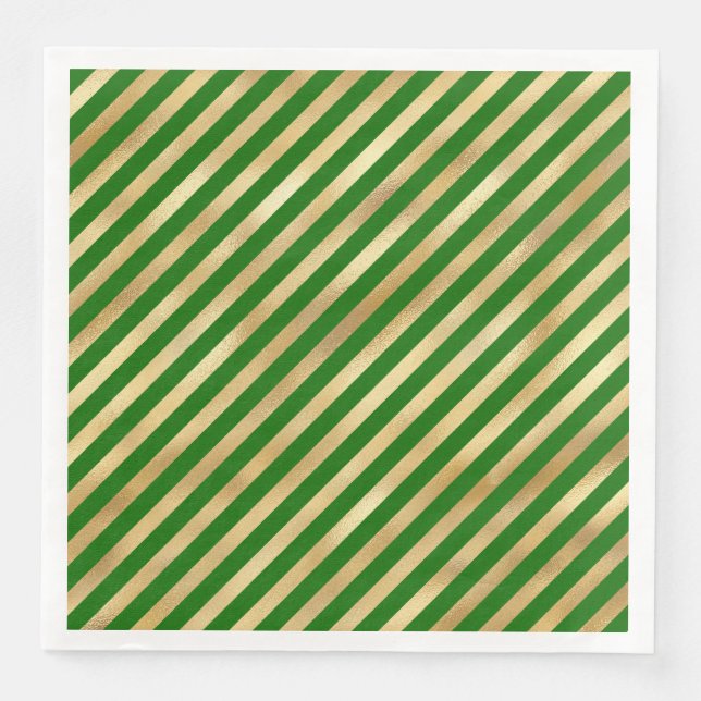 Guardanapo De Papel De Jantar Verde Festivo e Douradas Bandas Diagonais Napkins (Frente)