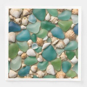 Guardanapo De Papel De Jantar Vidro de Praia Azul e Verde e Conchas do Mar