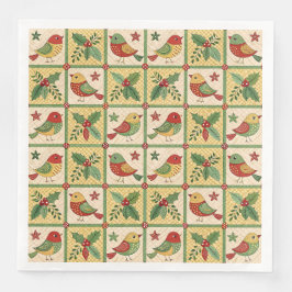 Guardanapo De Papel De Jantar Vintage Folk Art Christmas Bird Holly Pattern 