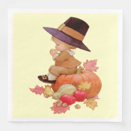 Guardanapo De Papel De Jantar Vintage Pilgrim Boy rezando para a abóbora