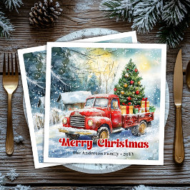 Guardanapo De Papel De Jantar Vintage red truck winter scene rustic table napkin