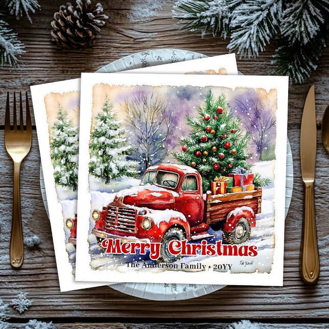 Guardanapo De Papel De Jantar Warm red truck Christmas scene rustic paper napkin (Warm red truck Christmas scene rustic paper napkin)