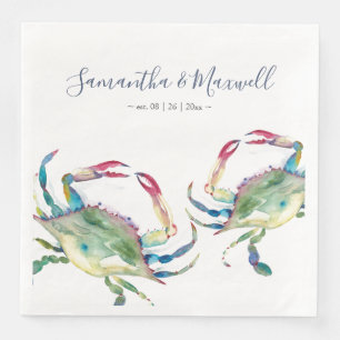 Guardanapo De Papel De Jantar Watercolor Blue Crab Beach Casamento Personalizado