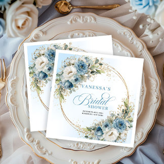 Guardanapo De Papel De Jantar Watercolor dusty blue flowers gold frame bridal 