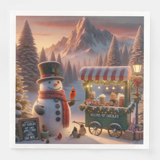 Guardanapo De Papel De Jantar Winter Wonderland Snowman's Hot Chocolate Cart (Frente)
