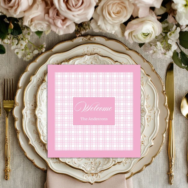 Guardanapo De Papel De Jantar Xadrez Rosa Moderna Napkins Personalizado Elegante (Modern Pink Plaid Napkins Personalized Elegant)