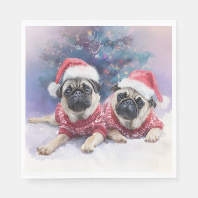 Guardanapo de papel de Natal com dois pug adorávei (Frente)