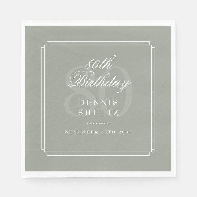 Guardanapo De Papel Deco Clássico | Aniversário de 80 anos em Sage e B (Frente)